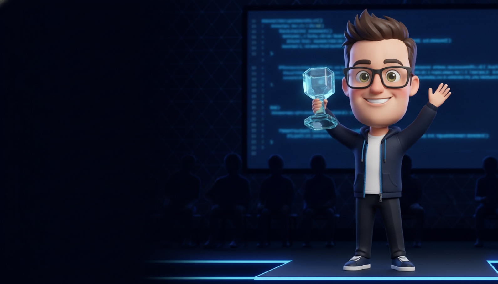 Simon Timms bobblehead holding a glass Microsoft MVP award on a user-group stage