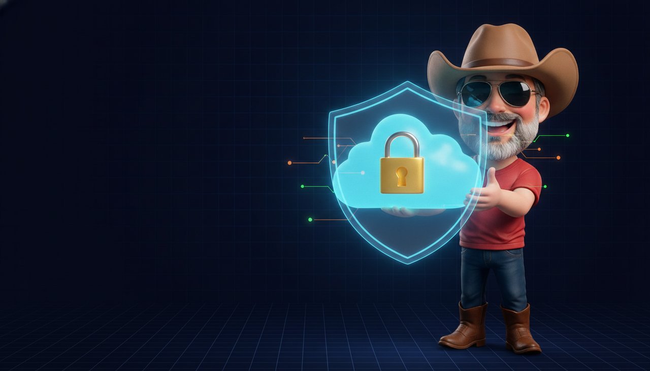 Eric guarding a cloud with a padlock and shield