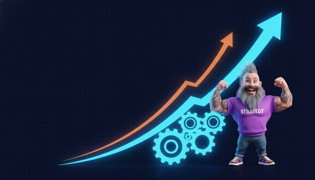 Andy turning gears beside an upward growth curve