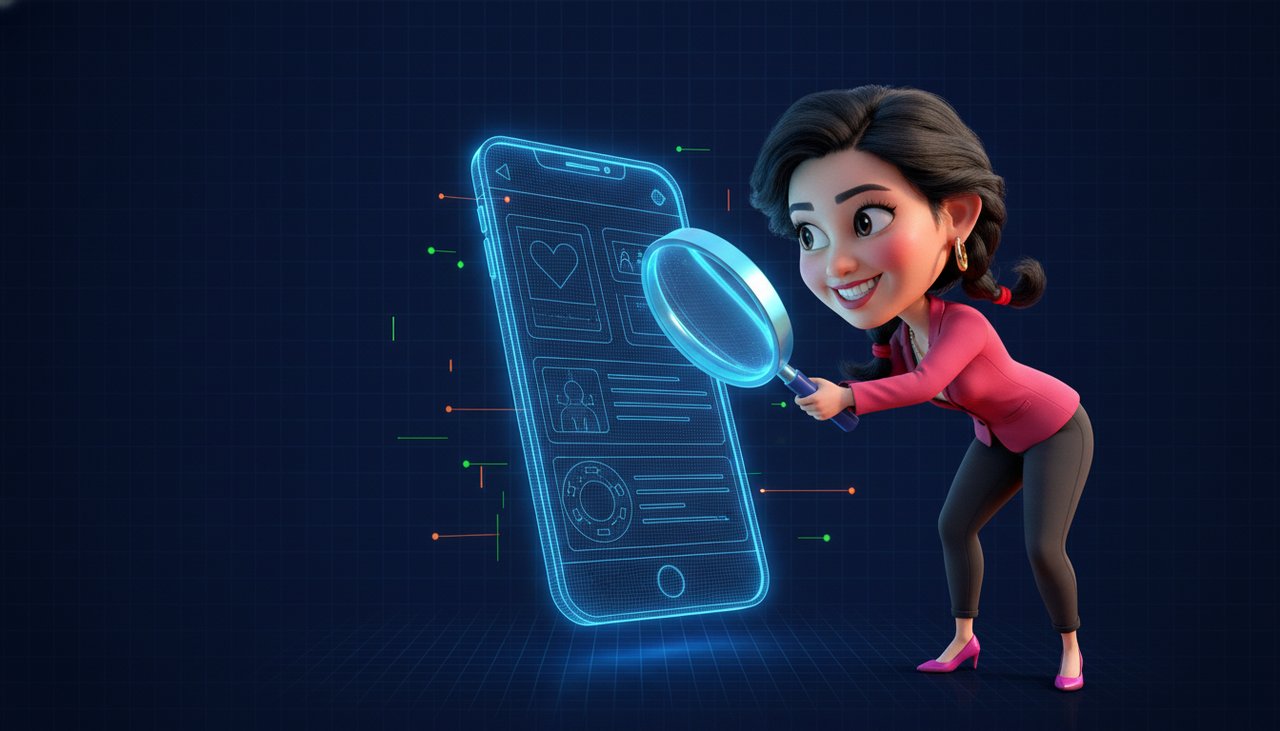Jessica inspecting an app blueprint with a magnifying glass